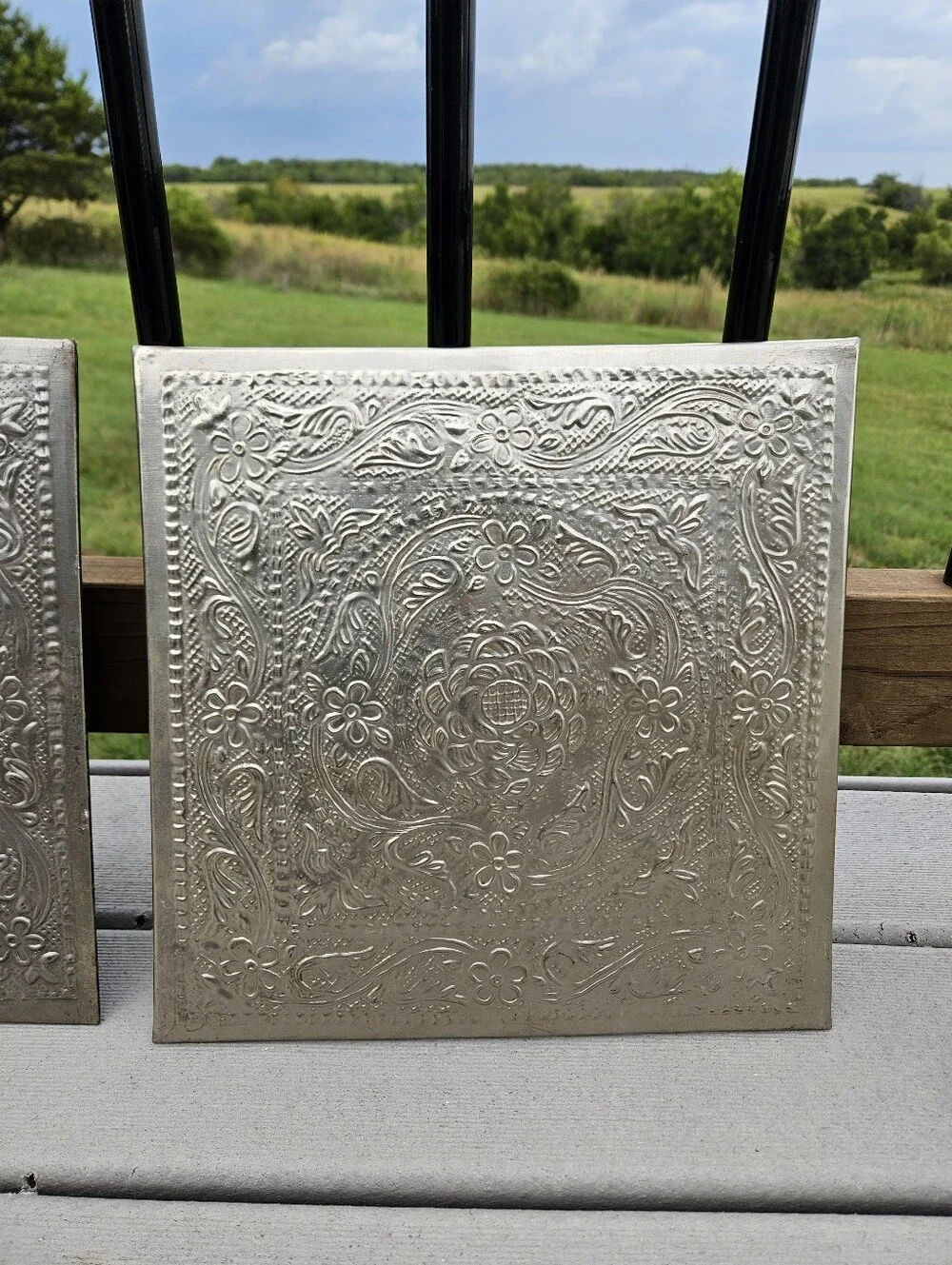 Pair Hosley Silver Metal Wall Tiles Embossed Floral Plaques Boho Shabby Chic 12